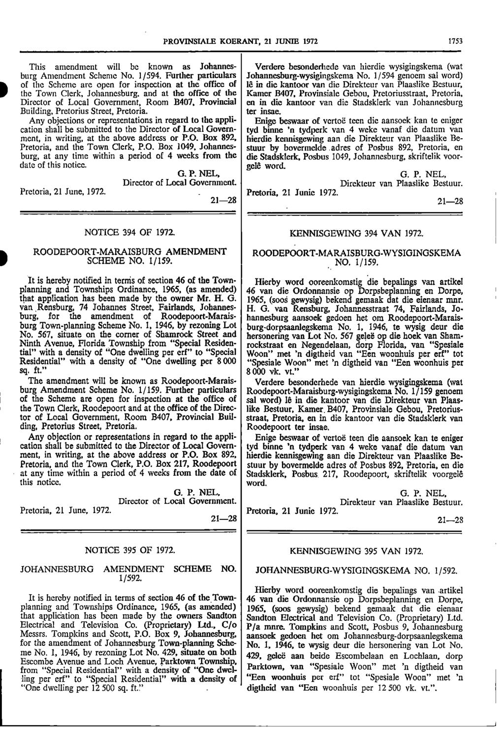 PROVNSALE KOERANT, 21 JUNE 1972 1753 of This amendment will be known as Johannes Verdere besonderhede van hierdie wysigingskema (wat burg Amendment Scheme No 1/594 Further particulars