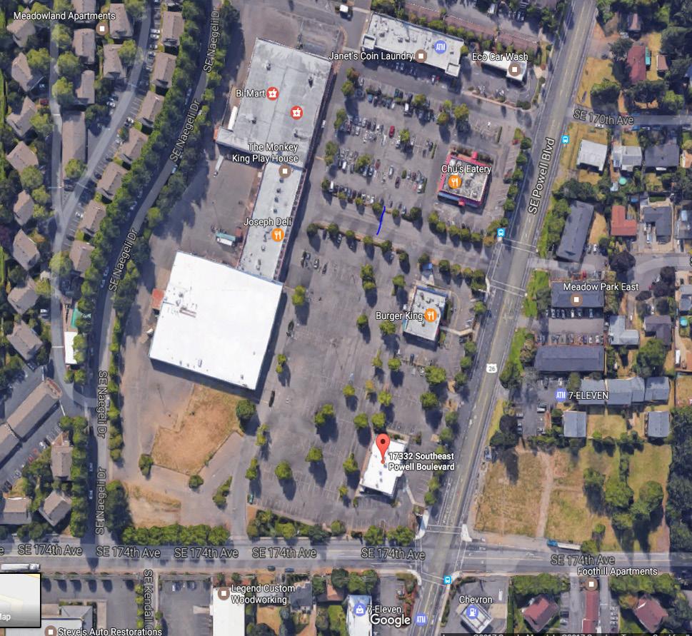 LOCATION 17332 SE POWELL The property is at the corner of SE Powell Blvd and SE 174th on an out parcel of Meadowland Shopping Center in the City of Portland.