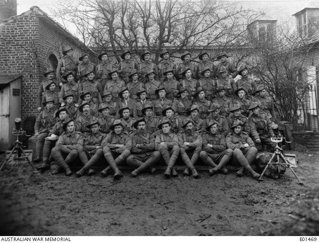 Group portrait of the 9th Light Trench Mortar Battery at Meteren. Known to be in the photograph are: 1754 Gunner (Gnr) W. R. Blevin; 218 Gnr R. Roberts; 2084 Gnr S. Cronin; 7510 Gnr C. K. McDonald; 7119 Gnr W.