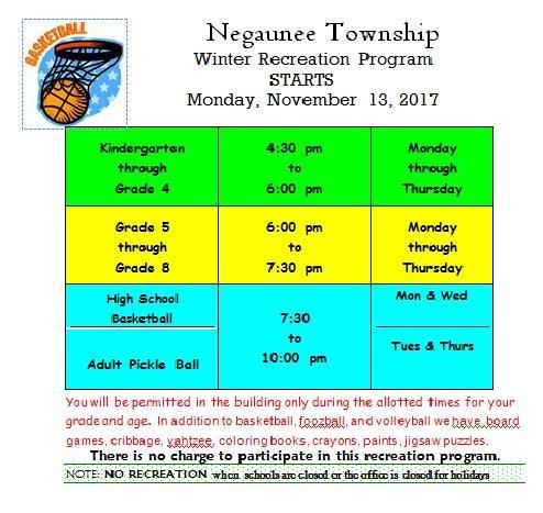 The Township offices will be closed Thursday Nov 23 rd & Friday Nov 24 th in observance of Thanksgiving The Negaunee Township Community Center Board is working on a 5-year recreation Plan.