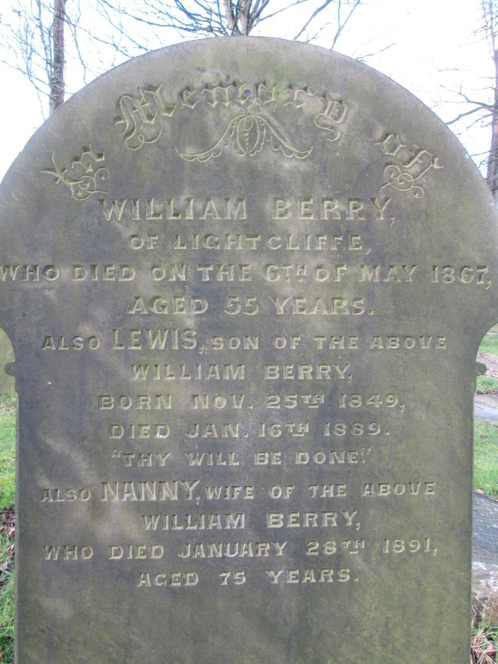Lewis Berry died on 16 th January 1889 and was buried in an unknown grave within the middle churchyard at St Matthew s on 19 th January 1889; he was just 39 years old.