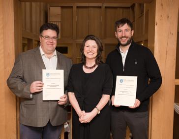 BELOW LEFT Winners of the Civic Engagement Award, Assistant Professors Kevin Kelly (left) and Conor McGinn are congratulated by the Registrar, Prof Paula Murphy BELOW RIGHT At the launch of the Oscar