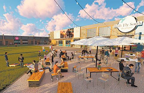 McBee street. Renderings show plans for a brewery, restaurants, food truck parking, and an outdoor stage and movie screen.