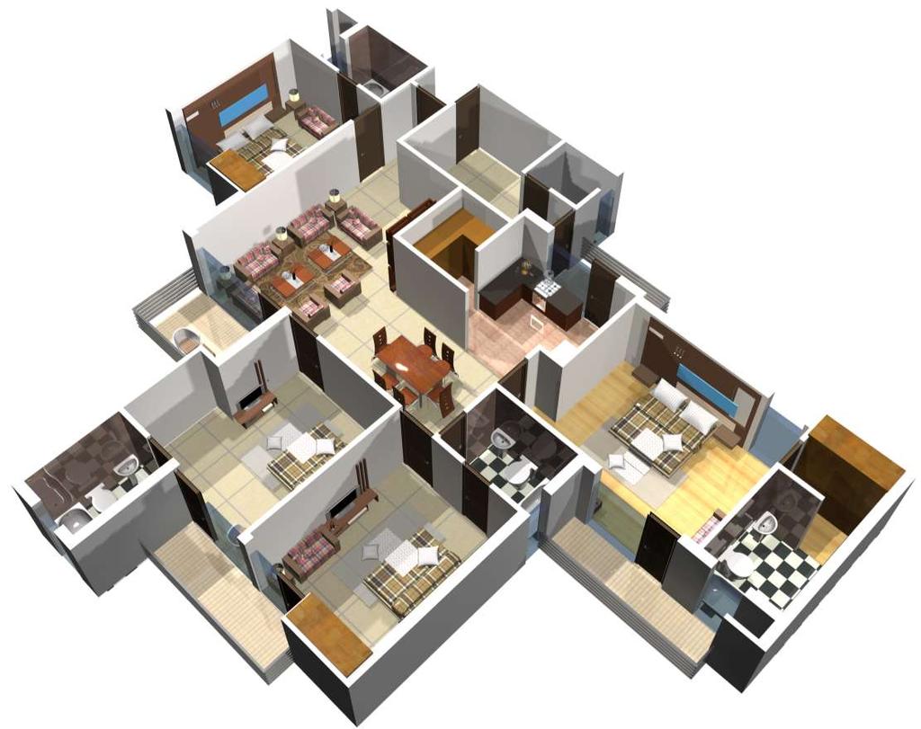 AXONOMETRIC VIEW: 4 BHK + 4 TOILET Three bed rooms and living room have attached balcony with large windows.