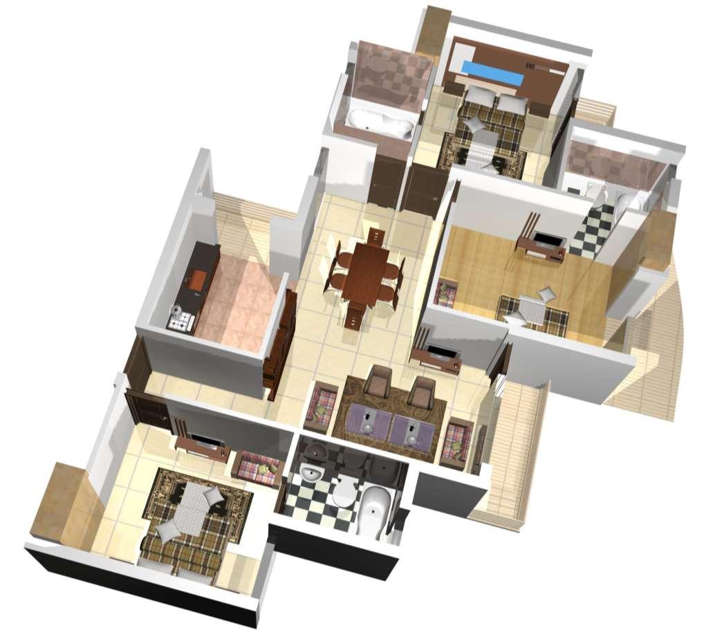 AXONOMETRIC VIEW: 3 BHK + 3 TOILET Two bed rooms and living room have attached balcony with large windows. Cross ventilation in livingdining.