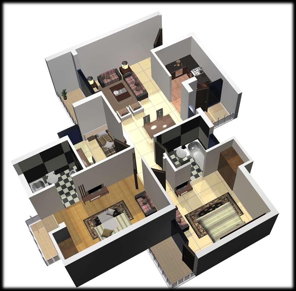 AXONOMETRIC VIEW: 2 BHK + 2 TOILET All bed rooms and living room have attached balcony with large windows. Cross ventilation in livingdining.