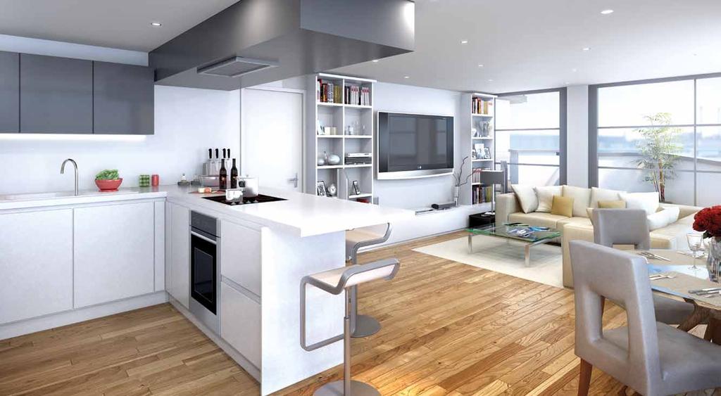 11 12 ATOLLO PILGRIMAGE STREET SE1 OPEN PLAN LIVING AND DINING Living spaces in Atollo are the focal point of each apartment as the kitchen effortlessly flows in to the living areas providing a