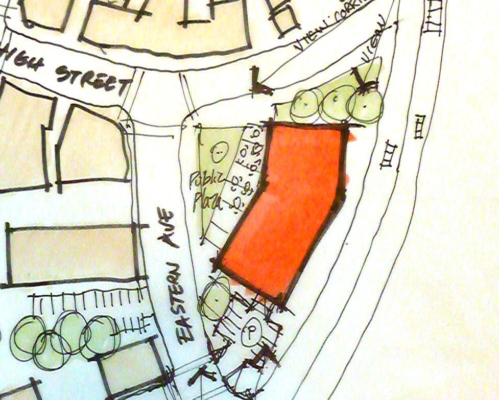 Keystone Lot Redevelopment Potential - Larry Scenario 1 - DA Office, Restaurant, and Parking 2 story building 8,000 sq ft restaurant/retail