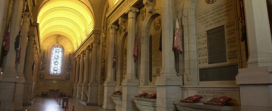 The north side of the Hall of Honour is divided by columns into bays, each dedicated to a different regiment and enhanced with battle honours