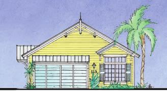 trim. Traditional elevation has sunshine-yellow lap siding, metal roof accents, and fretwork