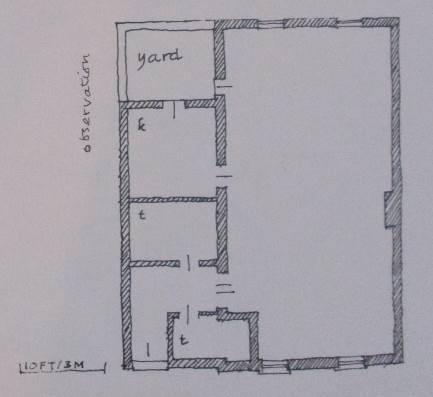 Figure 2: Ground floor plan of the meeting house, as reconstructed by Butler (north is at the bottom left corner: not to scale) (Butler (1999), vol. II, p.