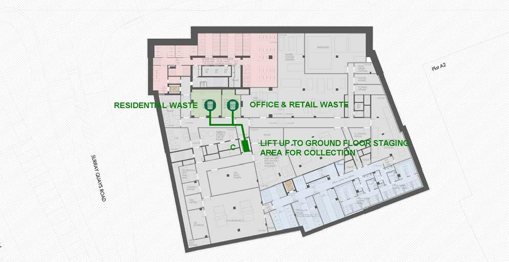 Waste holding areas Holding areas separated between residential and commercial waste are in proximity halfway between the office and residential goods lift and designed with secure access only.