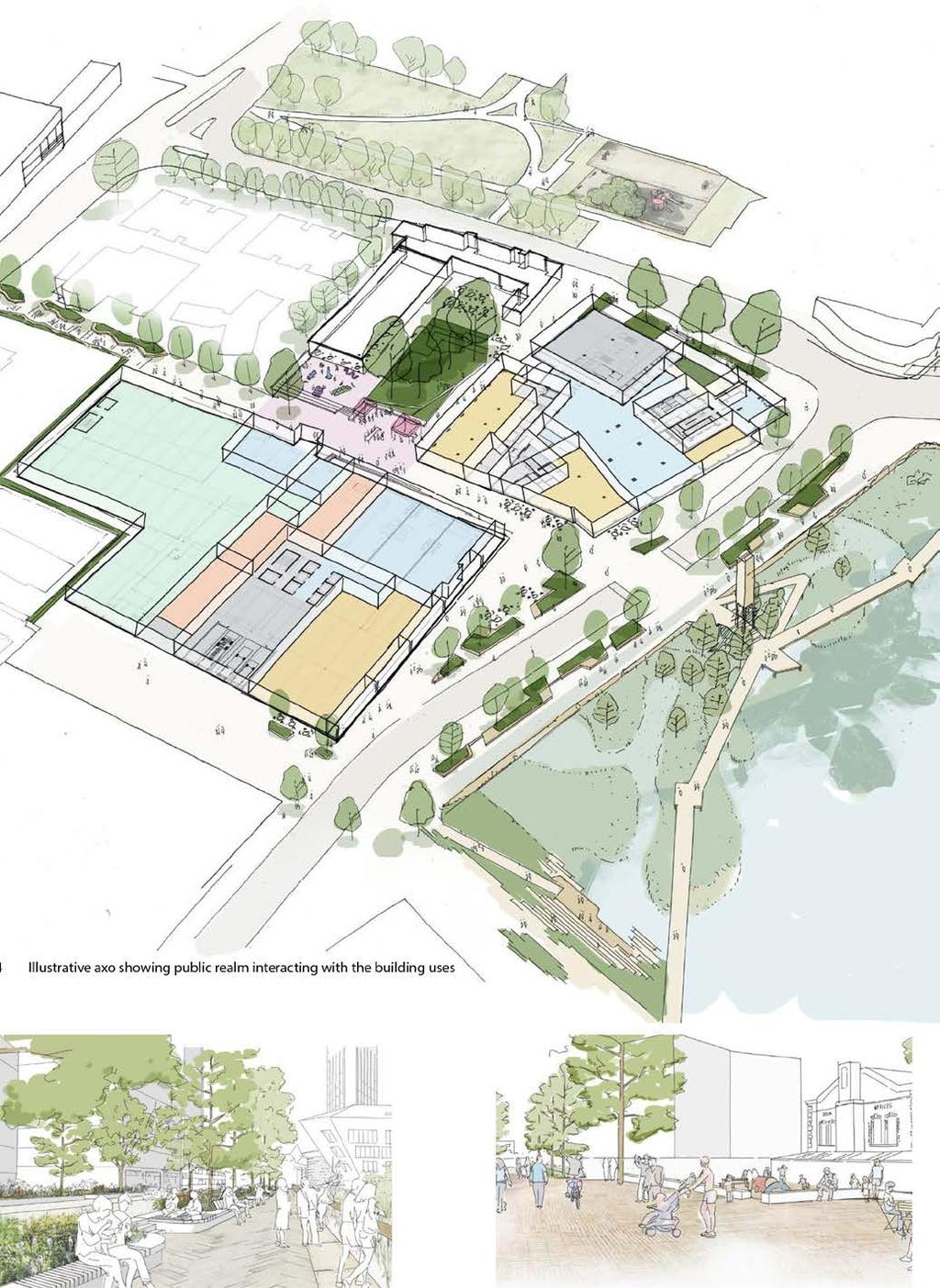 Key Entrances Retail Bike hub Plot A2 Sport / Leisure Plot A2 Back of House PLOT A1 PLOT A2 Illustrative axo showing public realm interacting with the