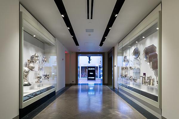 The 800-square-foot Hall of American Silver Gallery showcases a display of