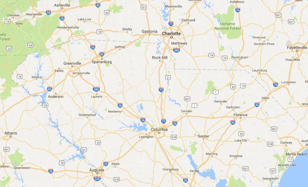 North Carolina Regional Map Charlotte Greenville South