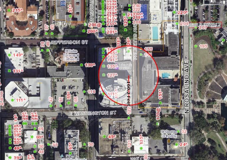 The proposed entrance of the establishment is 160 feet from the Lake Eola Charter School. Section 58.705 of the LDC prohibits the sale of alcohol within 200 ft.