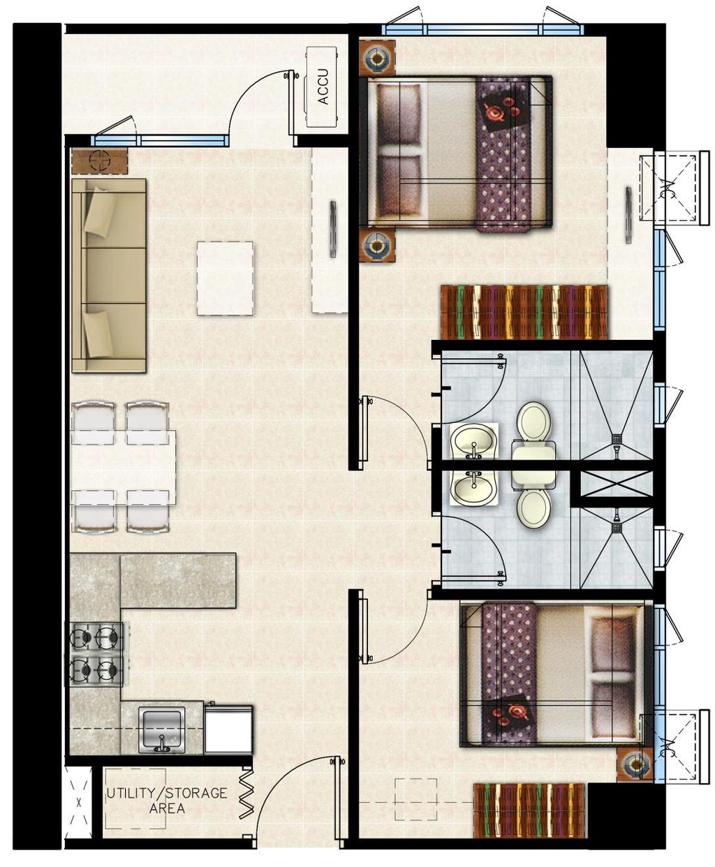 Typical Unit Layouts All Buildings: 2-BR Units w/ balcony Unit Area: Balcony Area: Total