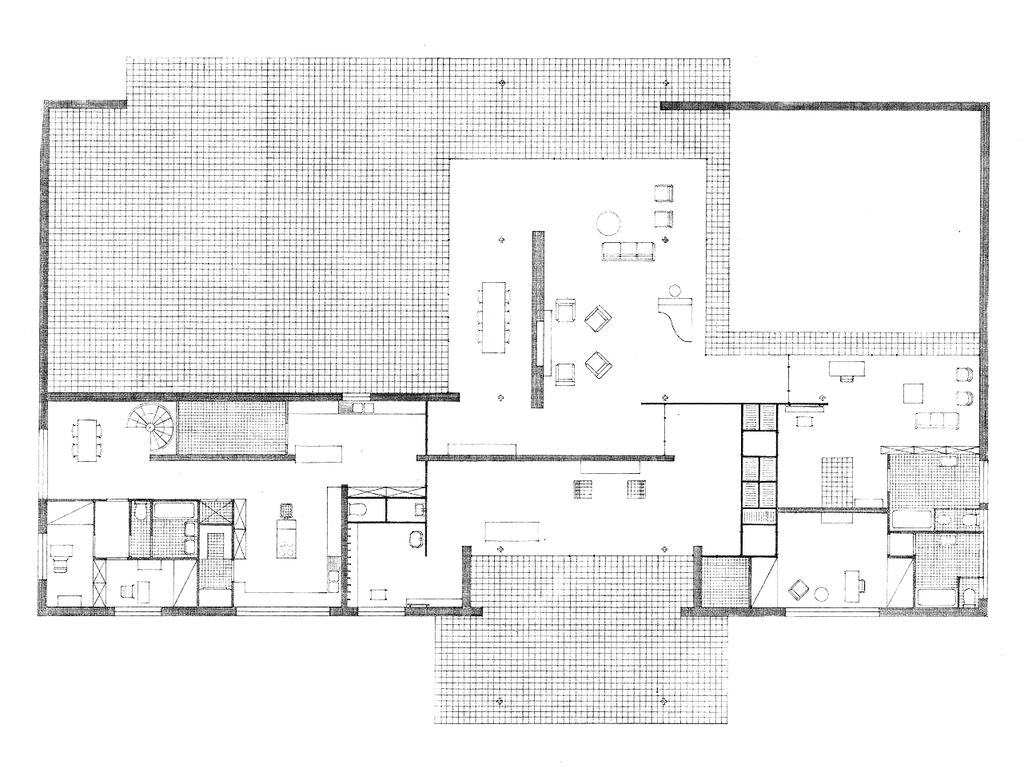 2 Hubbe House, main floor plan. the site being in a suburban lot and not directly attached to another house allowed the masonry enclosing wall to have bigger openings.