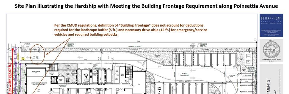 The building frontage requirement is further reduced by the placement of the building on site in order to meet the 10 foot wide building setback along 27 th Street.