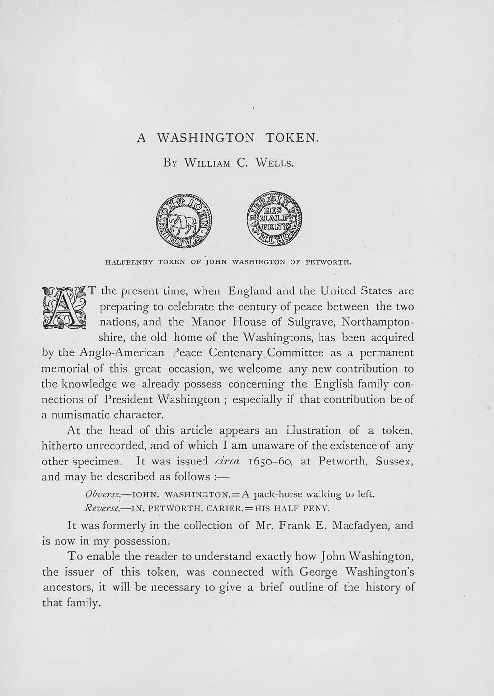 A WASHINGTON TOKEN. BY WILLIAM C. WELLS.