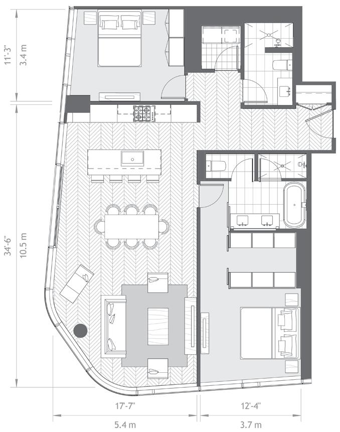 penthouse e 2 bedrooms, 2 bathrooms Interior: 1,354 Sq Ft / 126 Sq M Scale: Not to scale. All dimensions are approximate.