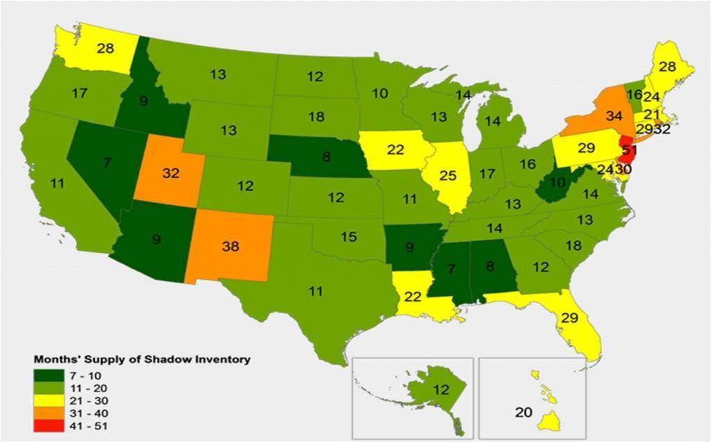 Month s Shadow Inventory: State by State The National Association of Realtors (NAR) Economists Outlook shows the number of months shadow inventory by state: NAR Explained their Methodology: The map