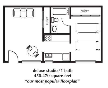 restaurants, retail shops, movie theatres, barber shops, post office and coffee shops. The studio apartments are furnished with two twin beds, night stand, table, chairs and a couch*.