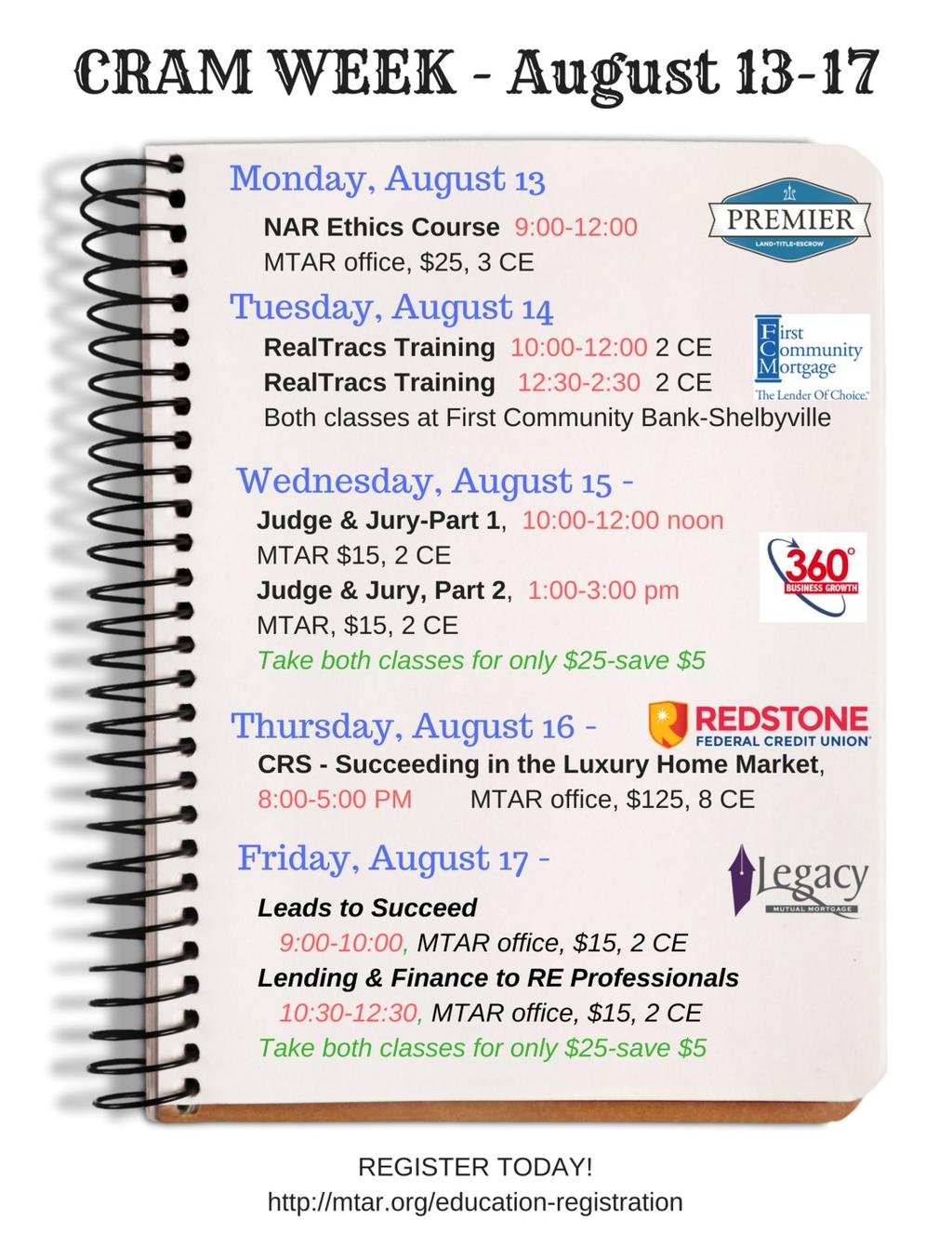 , $25 August 14 RealTracs Training, 2 classes, 3 CE, First