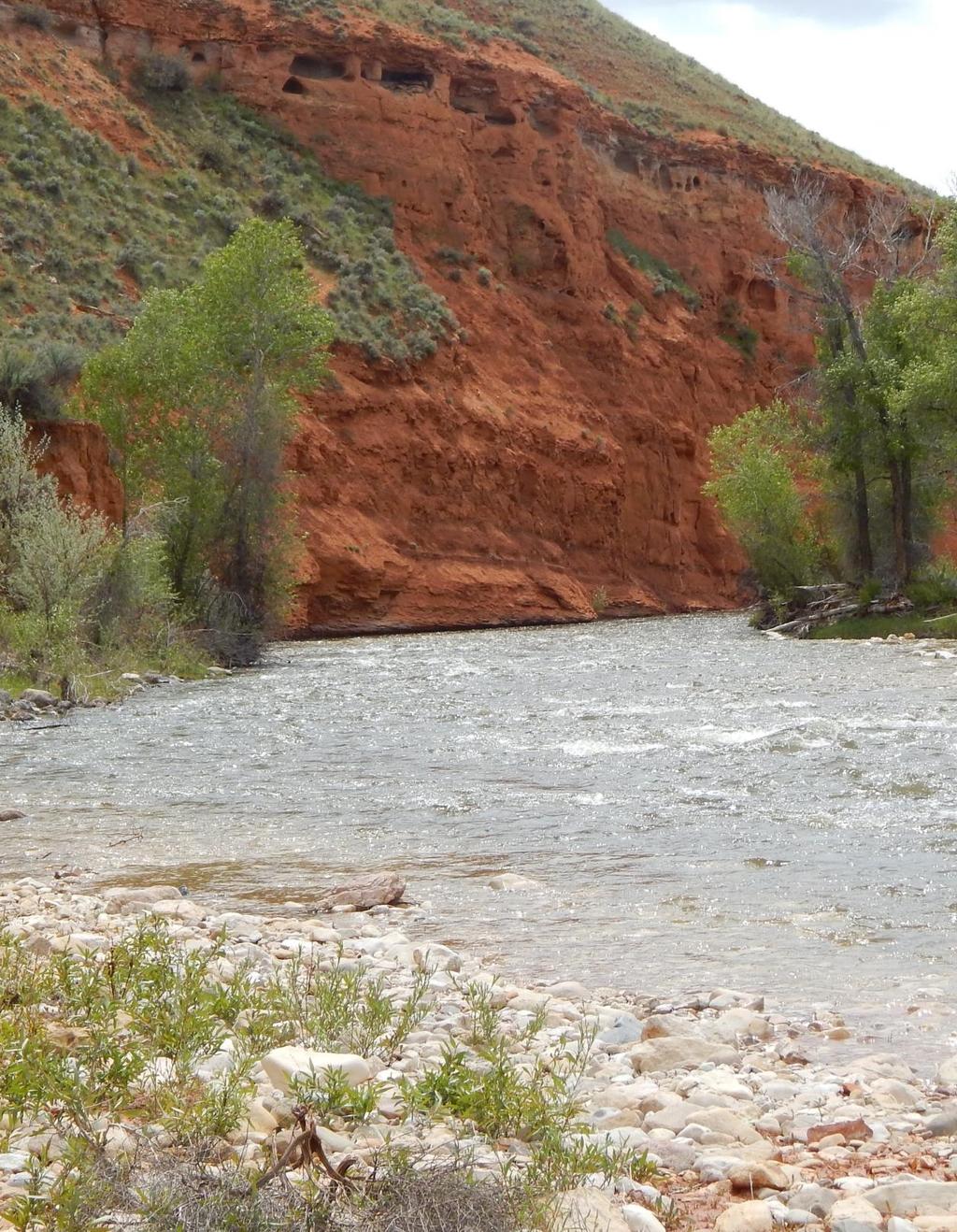 A massive red cliff rises above Shell Creek as it meanders through the property and shelters a fantastic trout fishing hole.