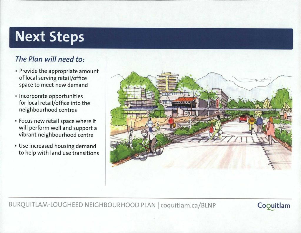 Next Steps The Plan will need to: Provide the appropriate amount of local serving retail/office space to meet new demand Incorporate opportunities for local retail/office into the neighbourhood