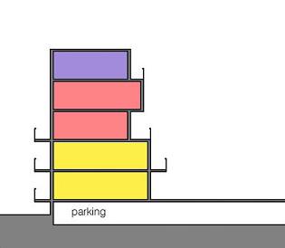 The section shows how a combination of flats and duplex units of varying depths can achieve variety on