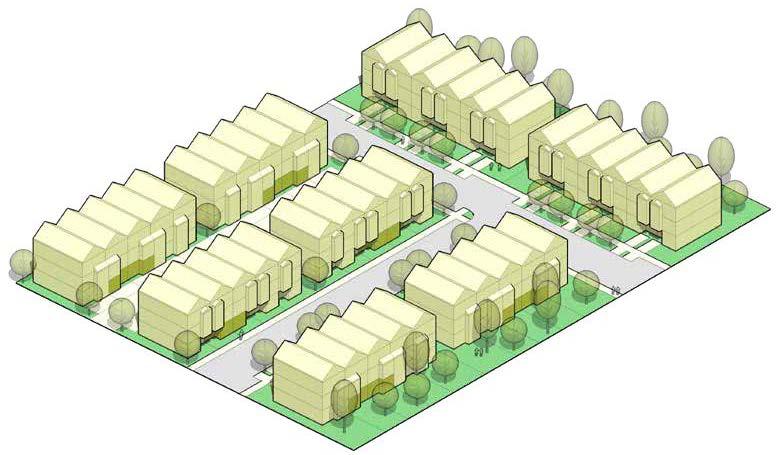 4 depict how development of attached single-family homes might look if built on the same R-15 site using a 30 percent density bonus. The result is an additional 13 units for a total of 55.