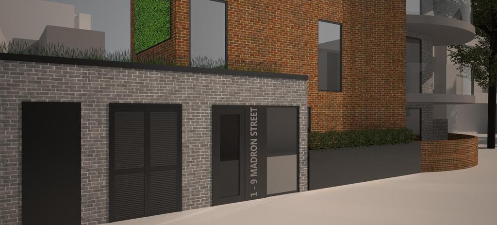 bin and bike store. This has created a prominent frontage which has been made more apparent through the use of the grey brick which will stand out from the traditional orange brick used elsewhere.