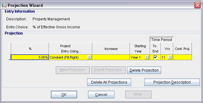 Press OK to return to the Expenses folder Steps for setting up Property Management 1. Select row 4 Management 2. Click on the button In the Projection Wizard 3. % column: Enter 5.00% 4.