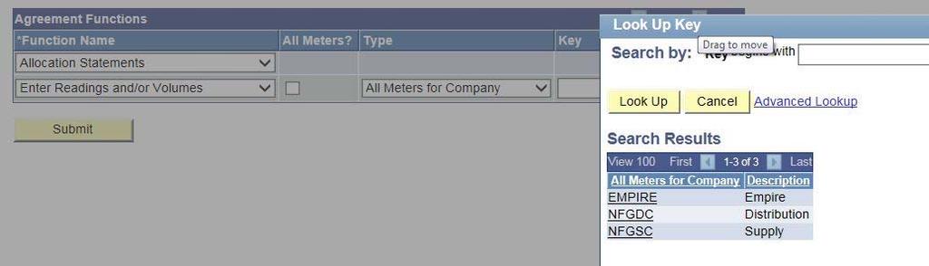 Select the magnifying glass for the Key field to generate a pop-up of all Companies that the Principal Producer s account has meters with