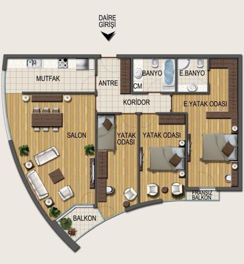 Typical 3+1 Apartment ISTANBUL STUDENT LETS *Note: All the normal legal fees and costs, including conveyancing fee, are extra. Three bedroom apartment plus deluxe pack Sizes NET 111.40 m² - 113.