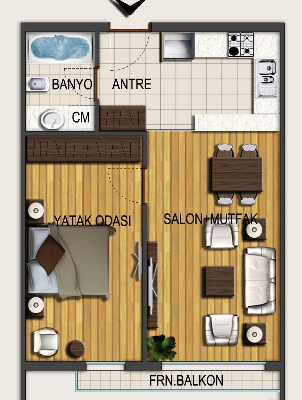 Typical 1+1 Apartment One bedroom apartment plus deluxe pack Sizes NET 42.40 m² - 54.14 m² Sizes GROSS 63.00 m² - 80.