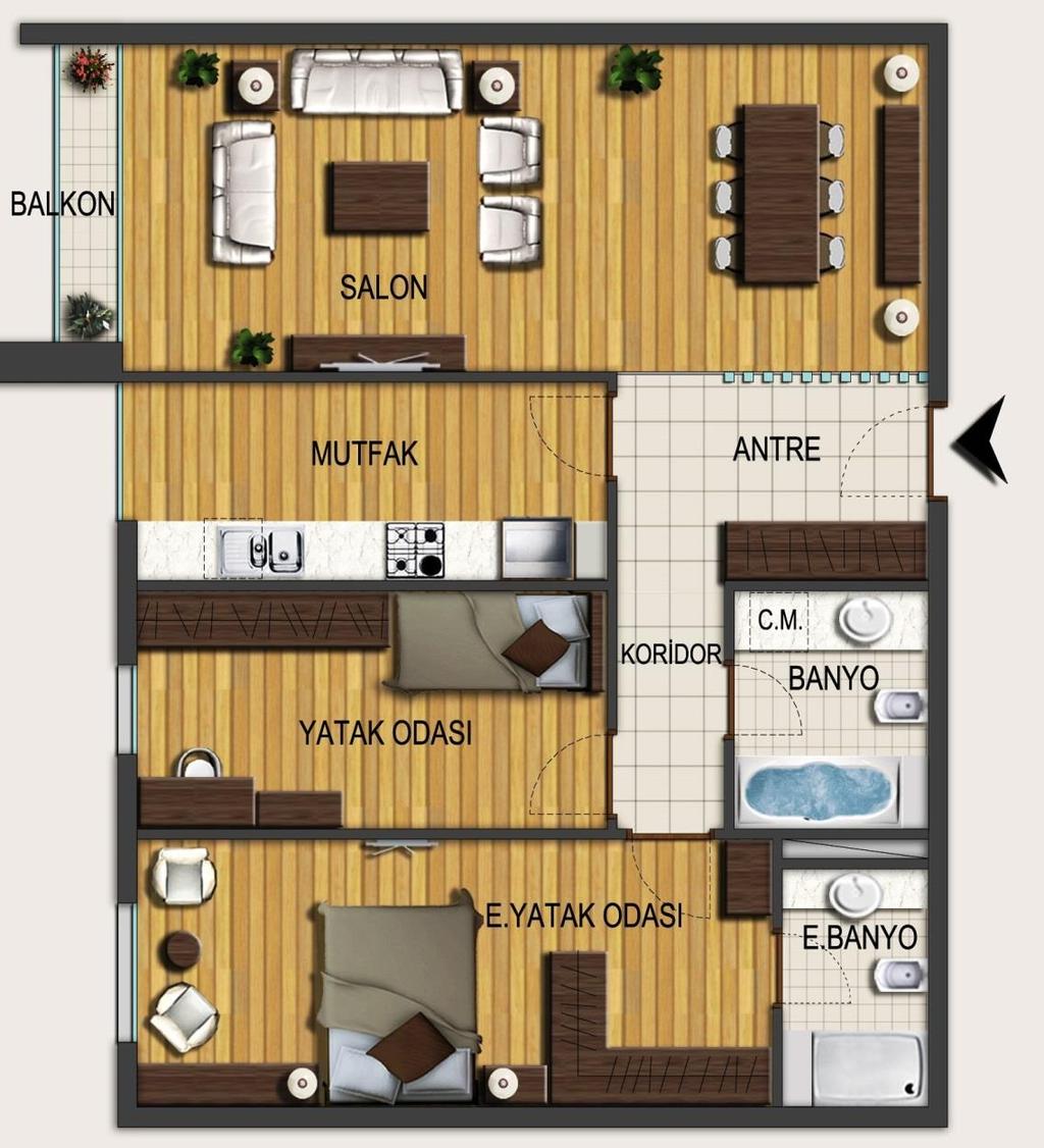 Typical 2+1 Apartment Two bedroom apartment plus deluxe pack Sizes NET 83.50 m² - 93.14 m² Sizes GROSS 123.00 m² - 138.