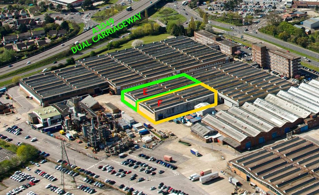 Unit E & F Fleets Corner Business Park, Nuffield Industrial Estate, Units E & F are outlined in green and yellow respectively Birmingham Camberley Crawley Guildford Heathrow London Portsmouth