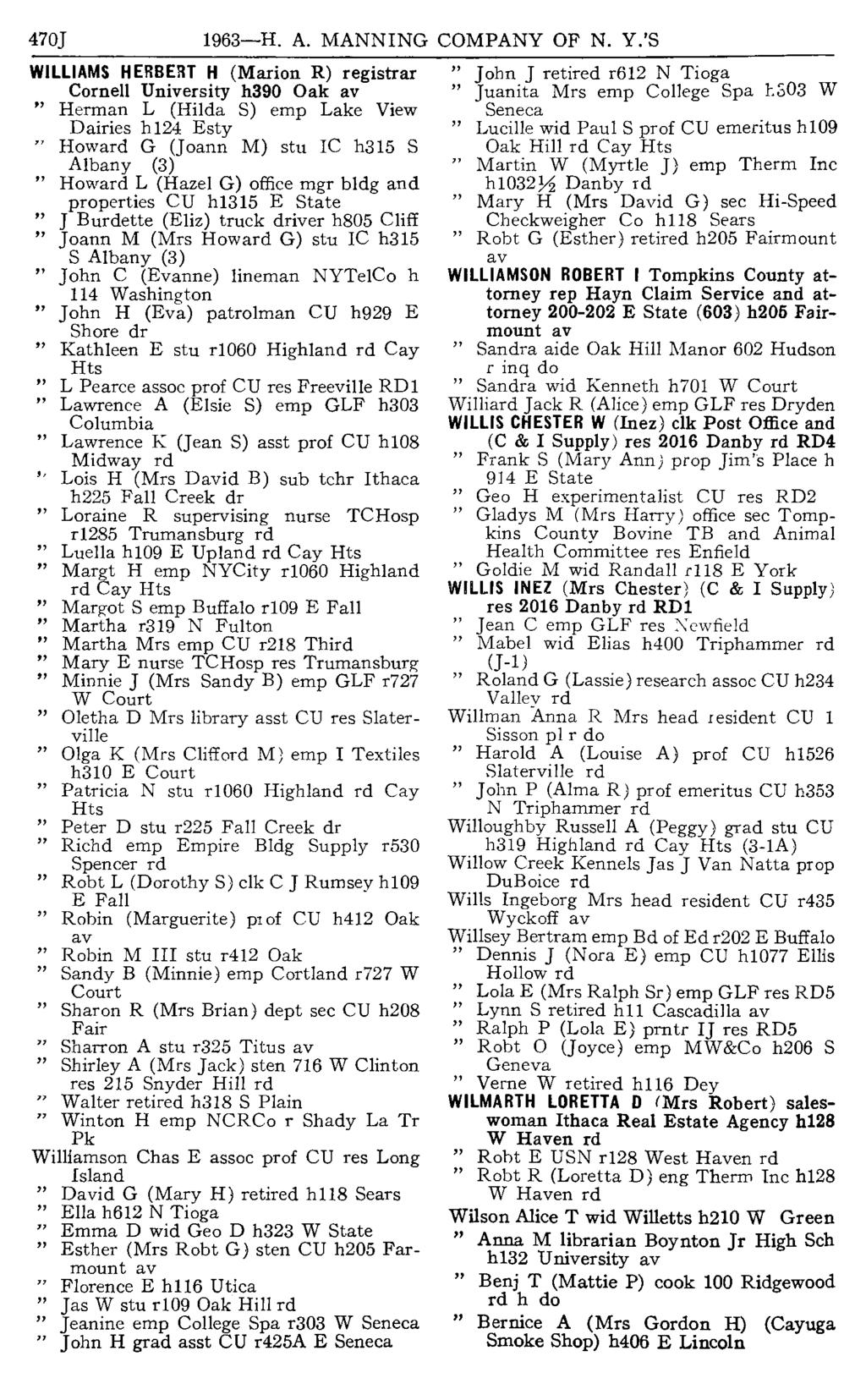 470J 1963-H. A. MANNING COMPANY OF N. Yo'S WILLIAMS HERBEllT H (Marion R) registrar John J retired r612 N Tioga Cornell University h390 Oak Juanita Mrs emp College Spa 1-.