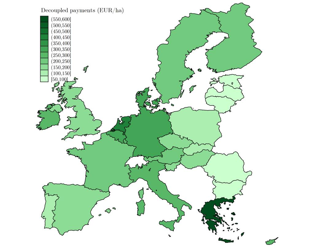 Possible Effects on EU Land Markets of New CAP Direct Payments Map 1: Average DP per hectare by
