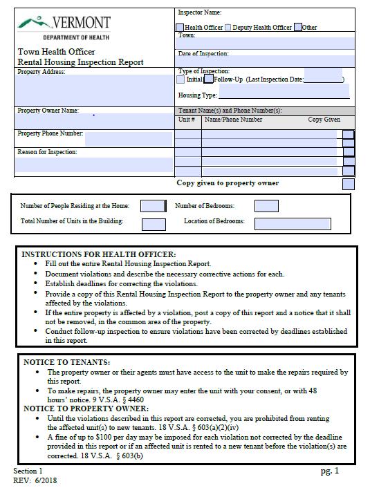 Using the Rental Housing Inspection Form During the investigation, THOs document findings using the Rental Housing Inspection Report form (on Health Dept.