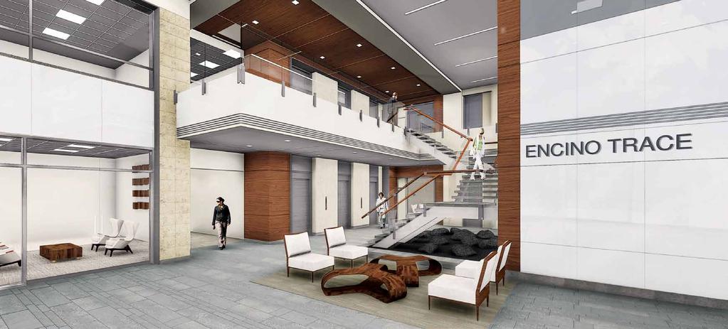 INVITING INTERIORS Two-story, 5,000 square-foot lobby with a balance of Burlington slate and anigre wood with back painted glass, chrome, limestone and metal finishes to complete the contemporary yet