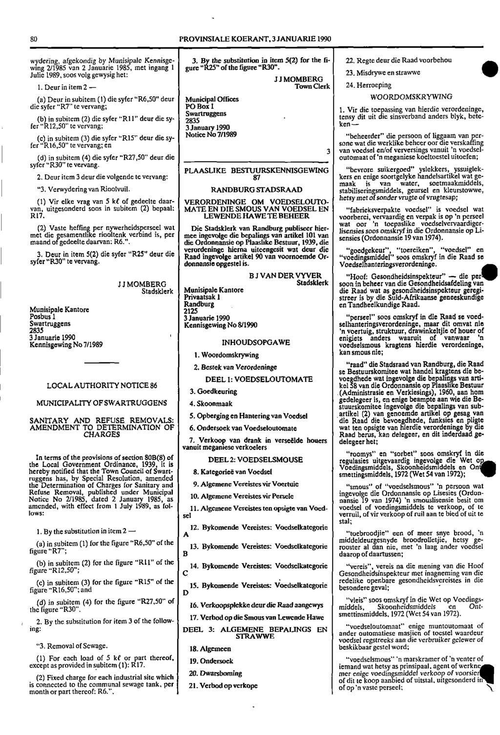 80 PROVNSALE KOERANT, 3 JANUARE 1990 wydering, afgekondig by Munisipale Kennisge 3. By the substitution in item 5(2) for the fi 22.