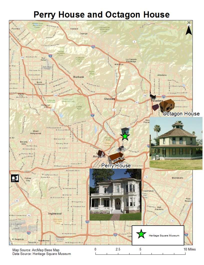 The map below displays where the Perry and Octagon houses were originally built relative to the