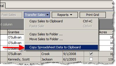 To copy the search results in the grid into an Excel spreadsheet, select the sales to be copied and click the Transfer Sales menu. Select Copy Spreadsheet Data.