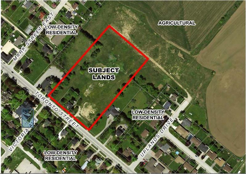The subject lands are a rectangular shaped parcel located on the north side of Toronto Street between Uplands Drive and Mark Street East, in the Village of Markdale.