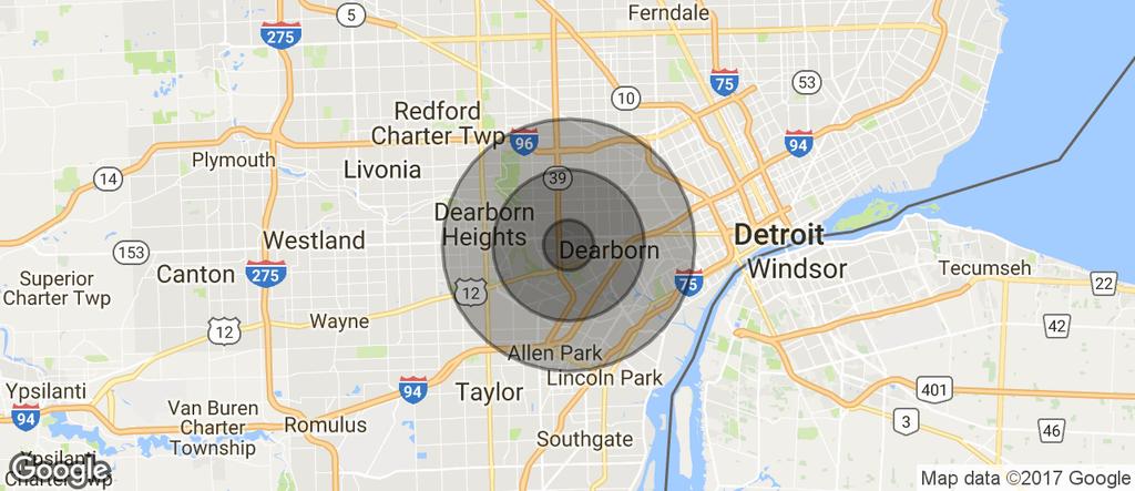 DEMOGRAPHICS MAP: Parklane Towers Dearborn, MI 48126 POPULATION 1 MILE 3 MILES 5 MILES TOTAL POPULATION 7,890 128,478 361,376 MEDIAN AGE 32.3 31.9 33.9 MEDIAN AGE (MALE) 33.4 30.5 32.