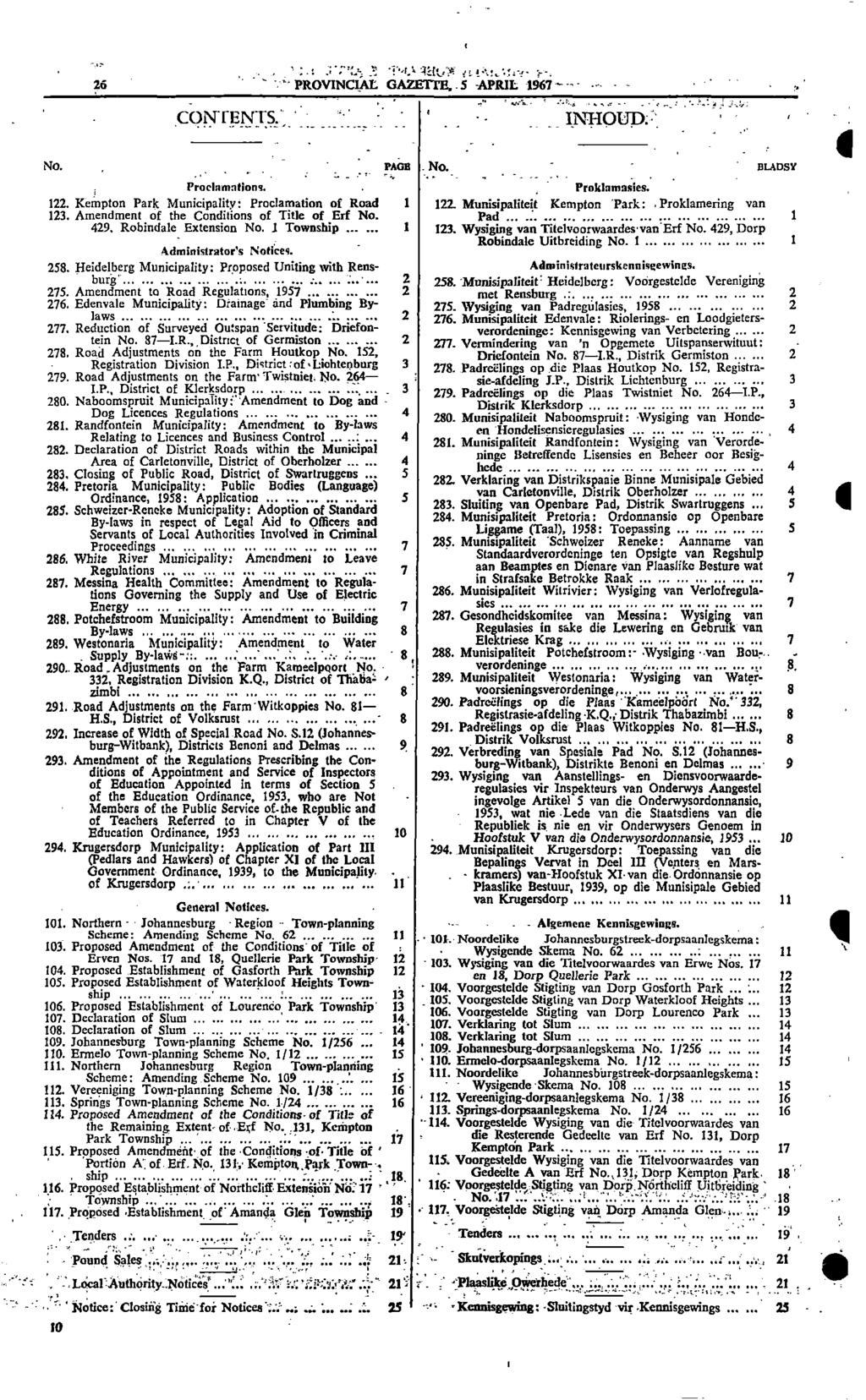 Ed 26 PROVINCIAL GAZETTE5 APRIL 1967 _ INT:11013a; i CON CENTS No Pane No WADS?