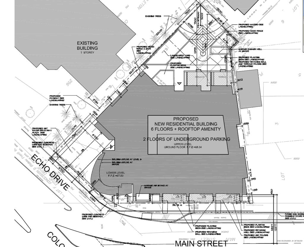 The proposed development is served by a two (2) storey underground parking garage, accessed to the northeast of the main entrance through a ramp off of Echo Drive.